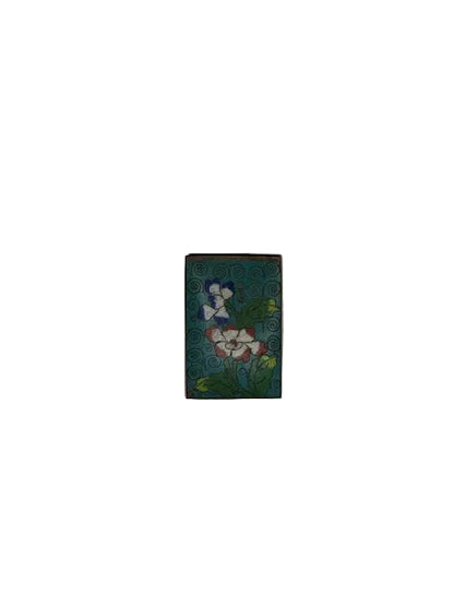 Vintage cloisonne matchbox cover with pink and blue enamel flowers on an aqua scrolled ground