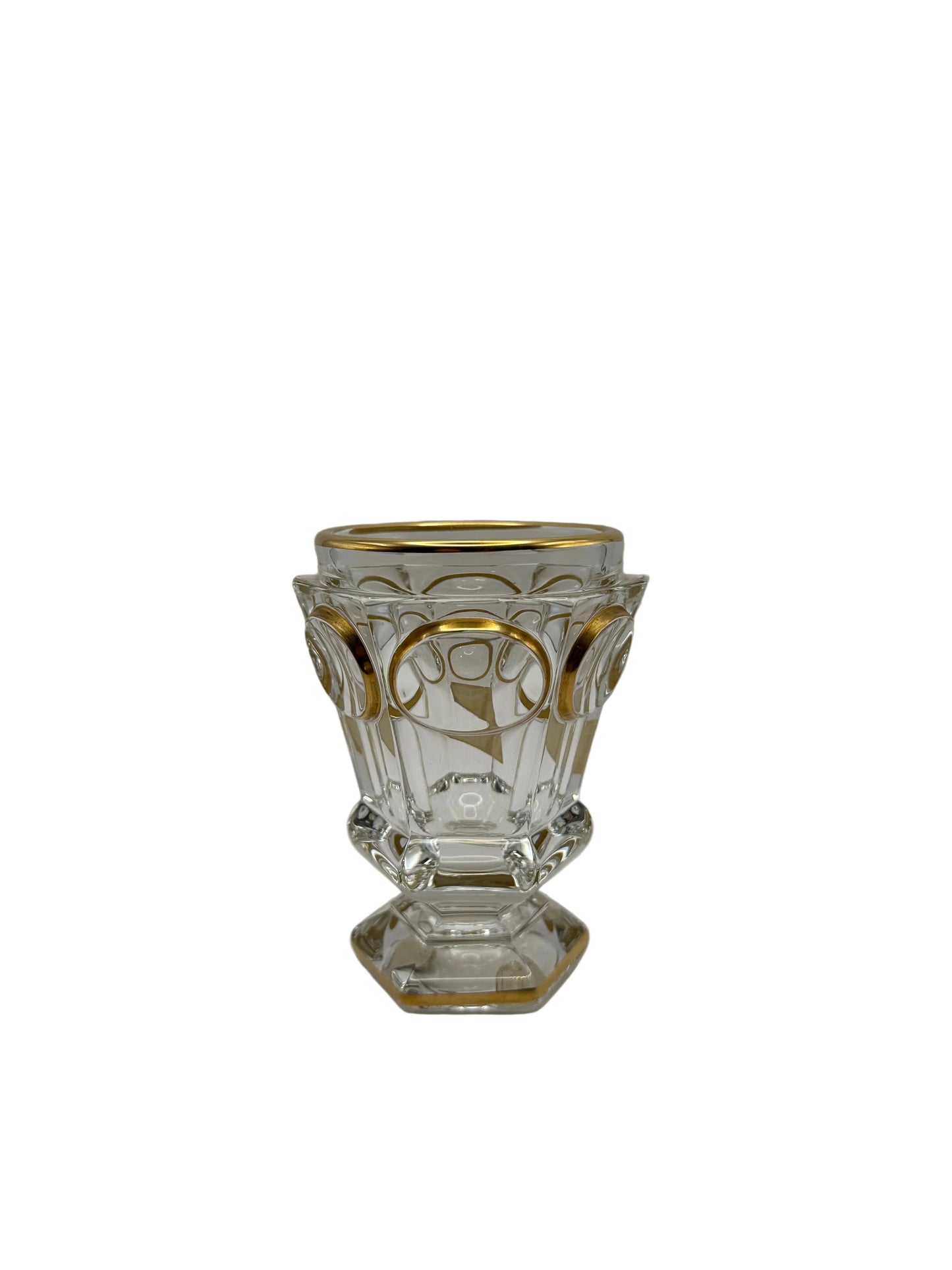 Baccarat clear crystal footed vase or goblet with gilded panel and arch decoration on a hexagonal pedestal foot