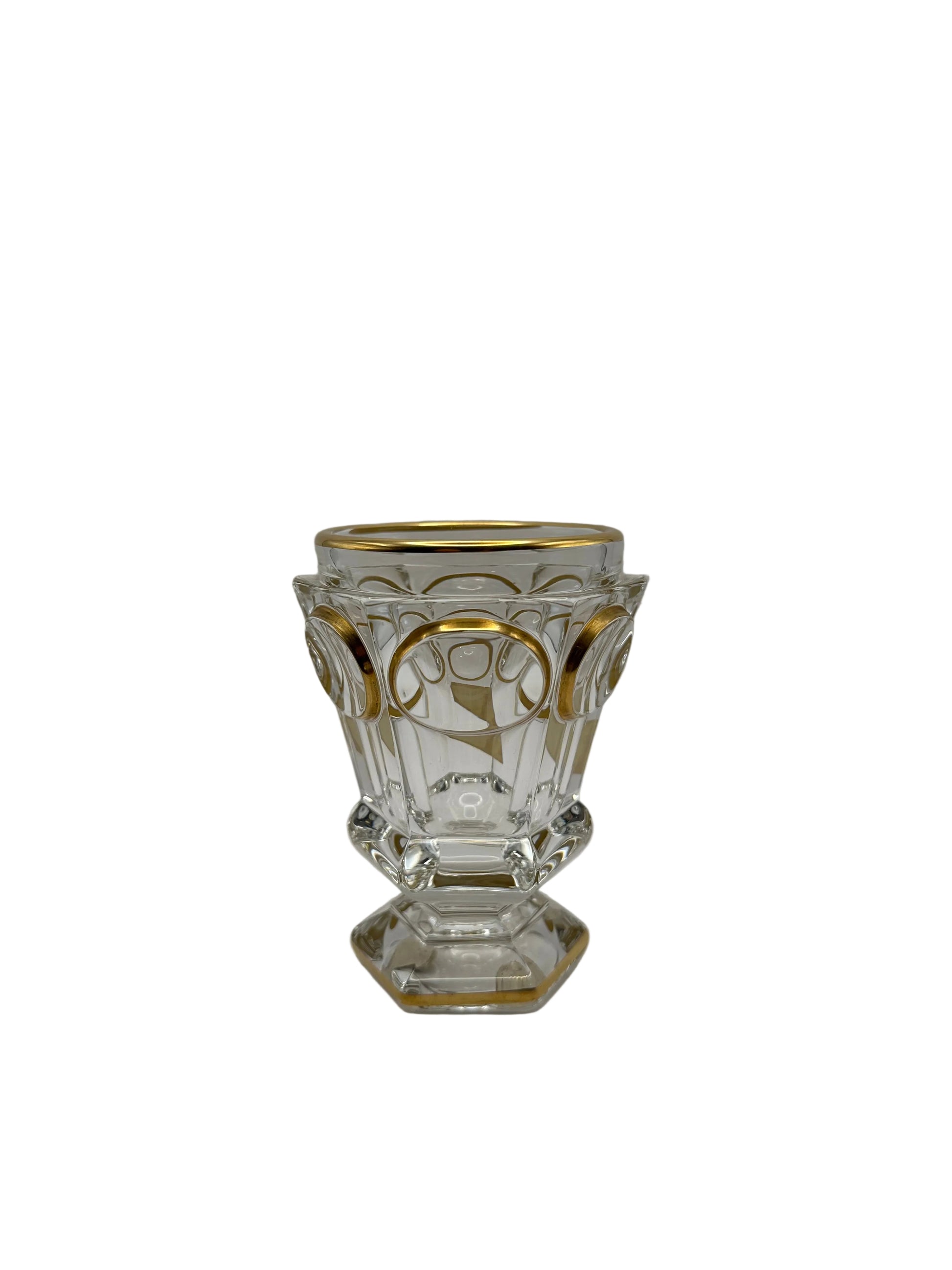 Baccarat clear crystal footed vase or goblet with gilded panel and arch decoration on a hexagonal pedestal foot