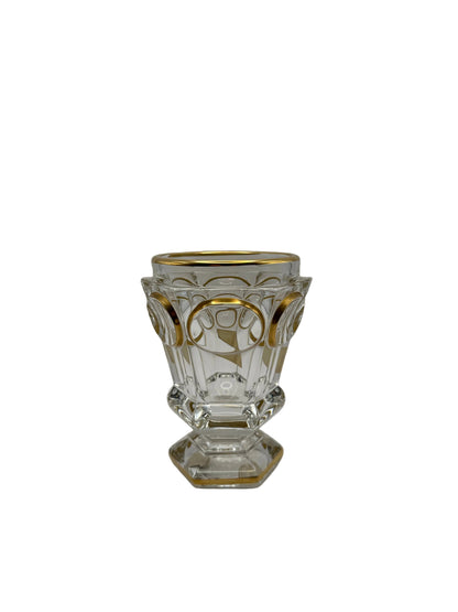 Baccarat clear crystal footed vase or goblet with gilded panel and arch decoration on a hexagonal pedestal foot