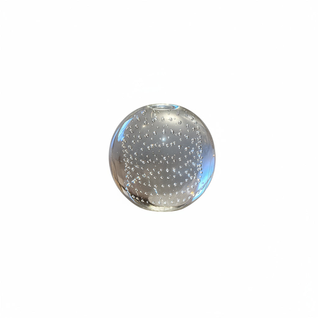 MCM controlled-bubble glass sphere, clear orb with vertical bubble pattern and small top opening