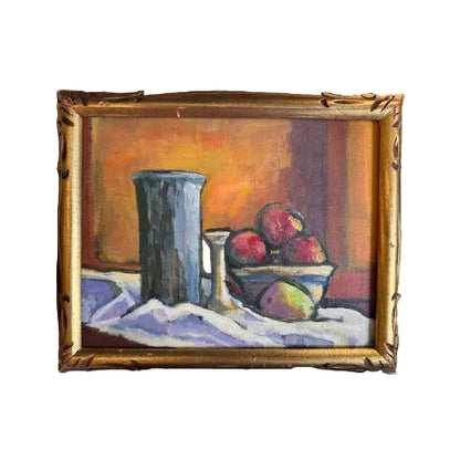 Vintage acrylic still life in gilt frame: grey vase, compote, apples and pear on white cloth