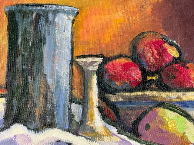 Close-up of vintage still life painting showing grey vase, white compote and bowl of red apples
