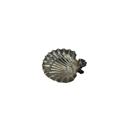 Vintage silver plate shell dish, top view with ribbed scallop bowl and figural dolphin-form handle