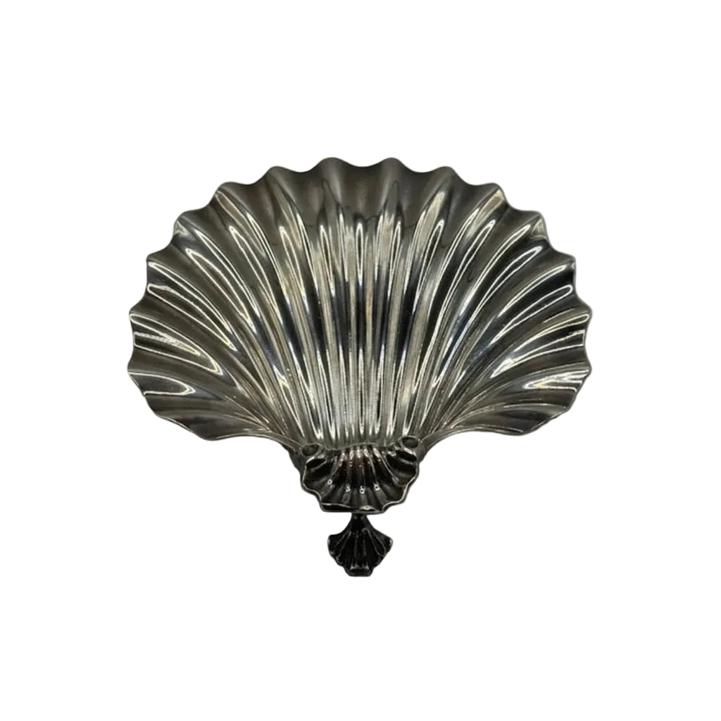 Vintage silver plate shell dish, overhead view of fluted scallop interior with shell foot