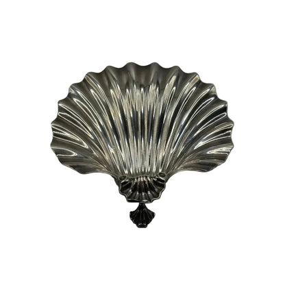 Vintage silver plate shell dish, overhead view of fluted scallop interior with shell foot