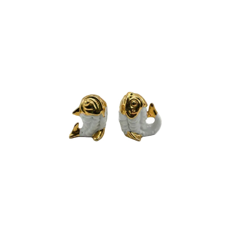 Vintage fish salt and pepper set, two white porcelain fish with gold accents facing front