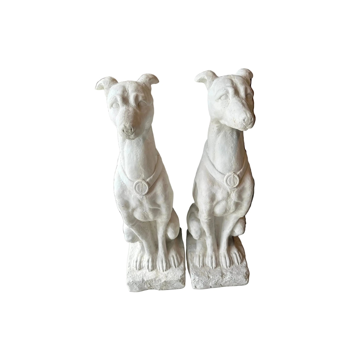 Pair of white plaster greyhound statues seated upright with medallion collars, front view