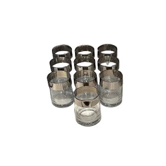 Set of ten MCM silver-banded rocks glasses grouped together, Dorothy Thorpe style