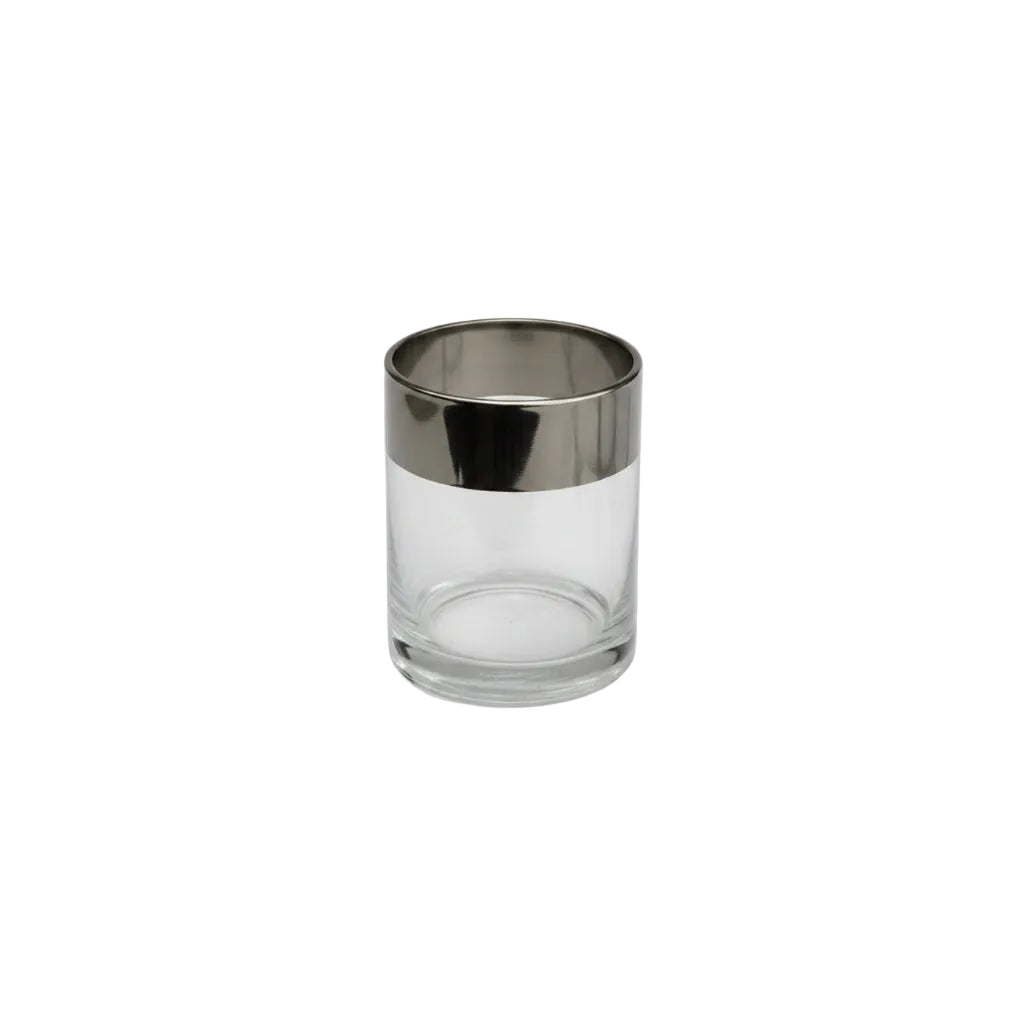 MCM rocks glass with wide silver mirror band rim, Dorothy Thorpe style, clear lower body