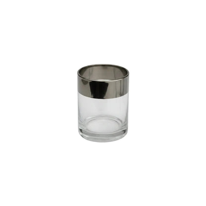 MCM rocks glass with wide silver mirror band rim, Dorothy Thorpe style, clear lower body