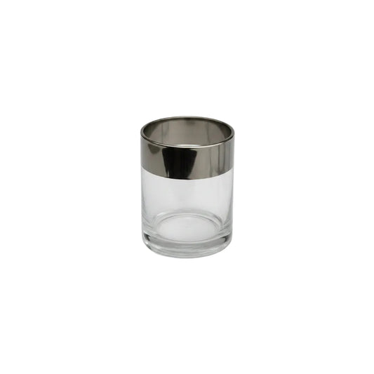 MCM rocks glass with wide silver mirror band rim, Dorothy Thorpe style, clear lower body