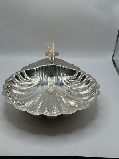 Sheridan silver plate shellfish server, angled front view with toothpicks in the center holder