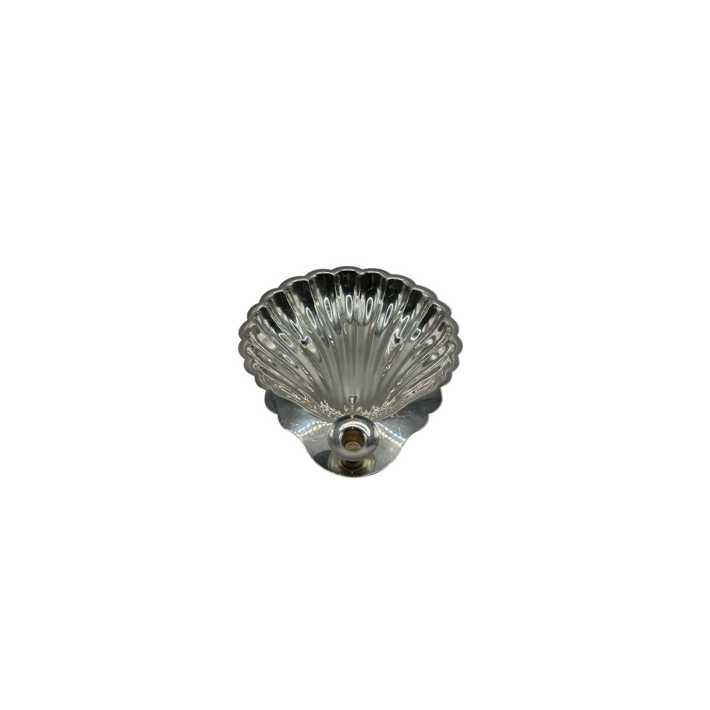 Sheridan silver plate shellfish server, front view of footed scallop shell dish with center toothpick socket