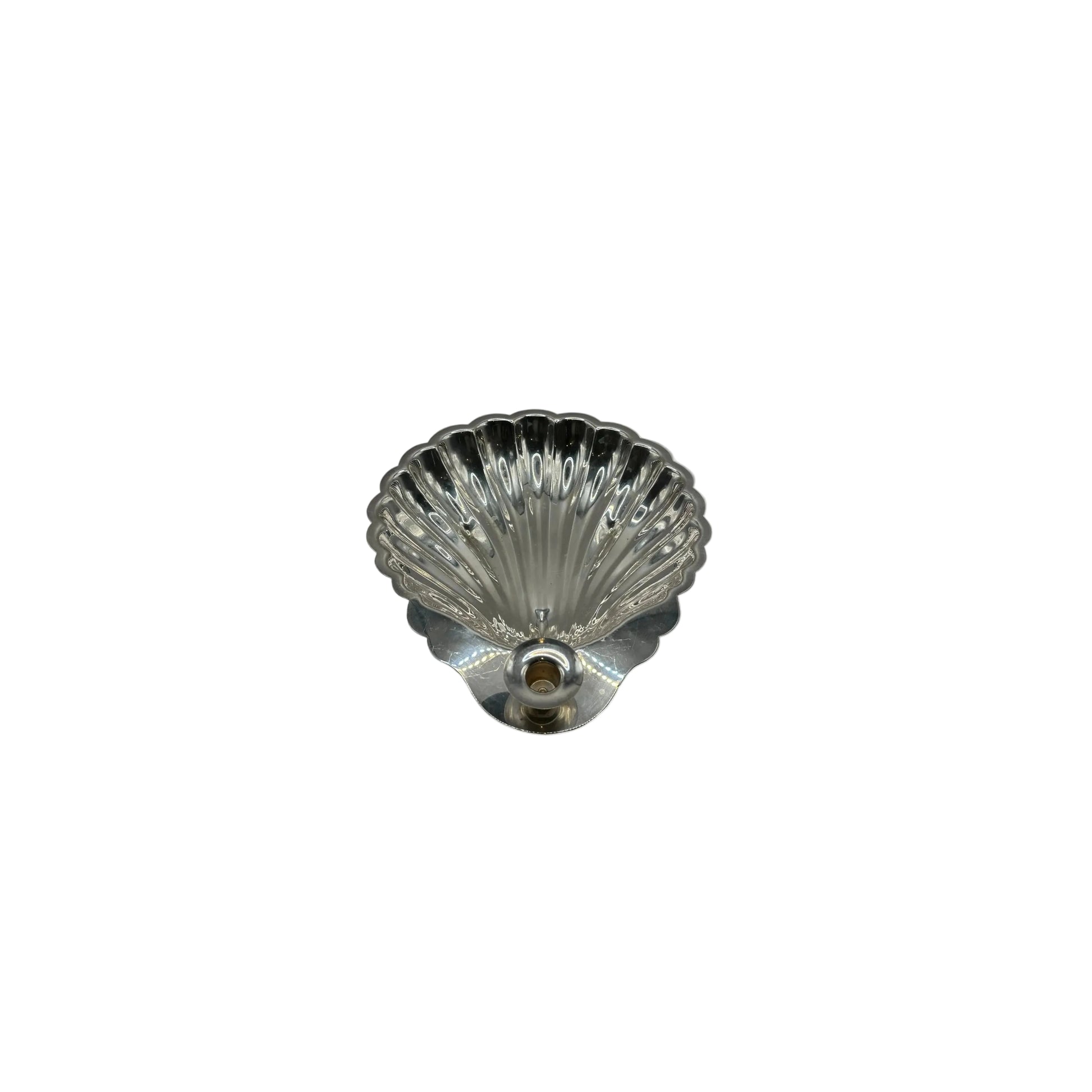 Sheridan silver plate shellfish server, front view of footed scallop shell dish with center toothpick socket