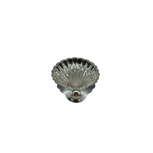 Sheridan silver plate shellfish server, front view of footed scallop shell dish with center toothpick socket