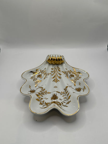 Vintage Limoges shell dish, top view with gilt scroll shell handle and bee-and-floral motifs