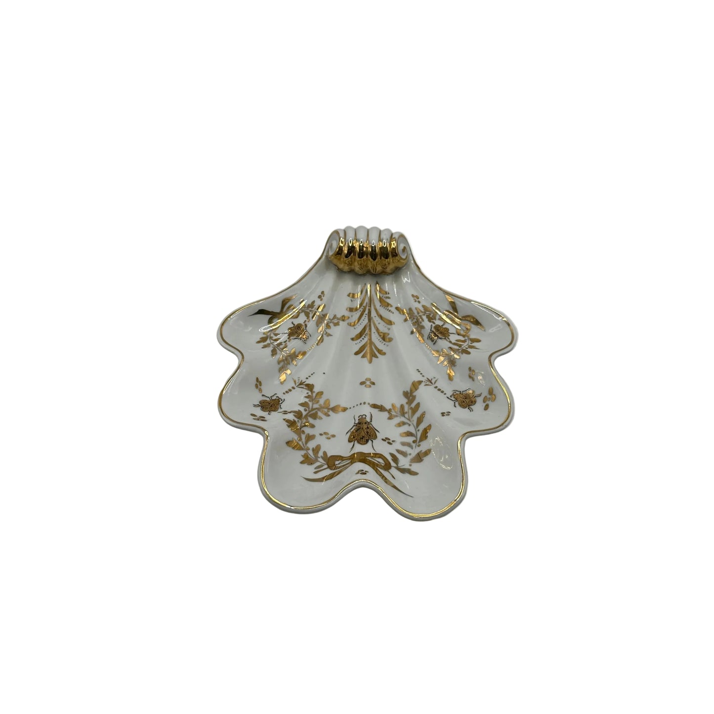 Vintage Limoges porcelain shell dish, white with gilt floral and bee motifs and gold rim, top view