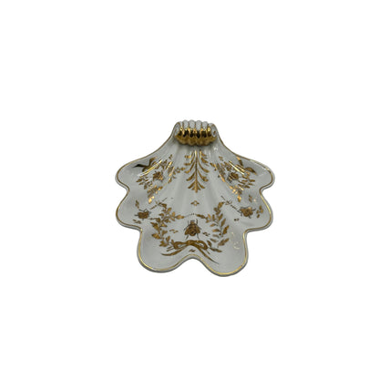 Vintage Limoges porcelain shell dish, white with gilt floral and bee motifs and gold rim, top view
