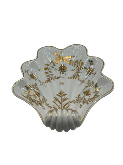 Vintage Limoges shell dish, angled view showing fluted shell base and gilt-decorated bowl