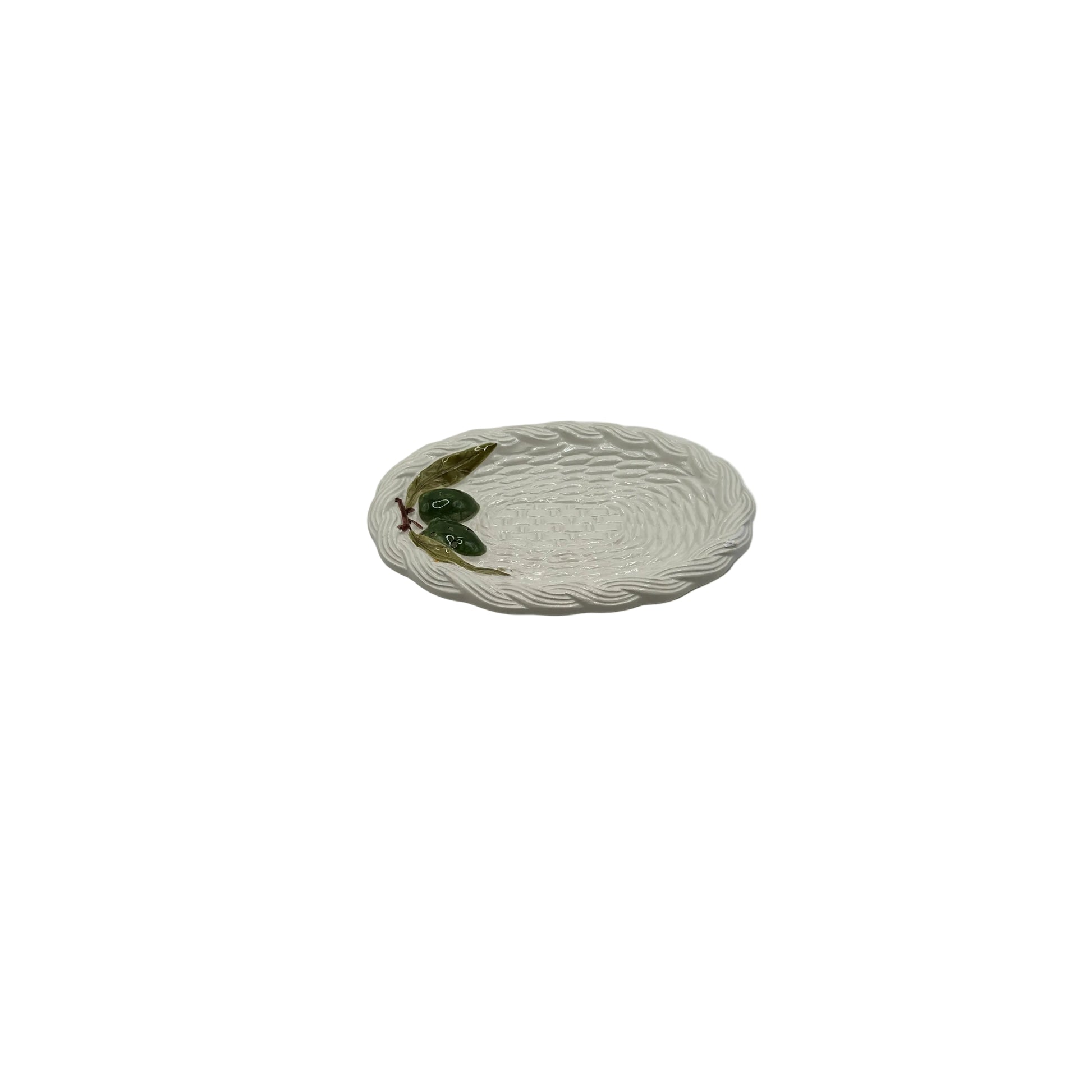 Italian ceramic olive dish, oval cream basketweave dish with raised green olive and leaf motif, top view