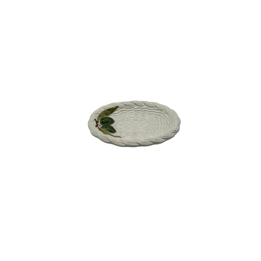Italian ceramic olive dish, oval cream basketweave dish with raised green olive and leaf motif, top view