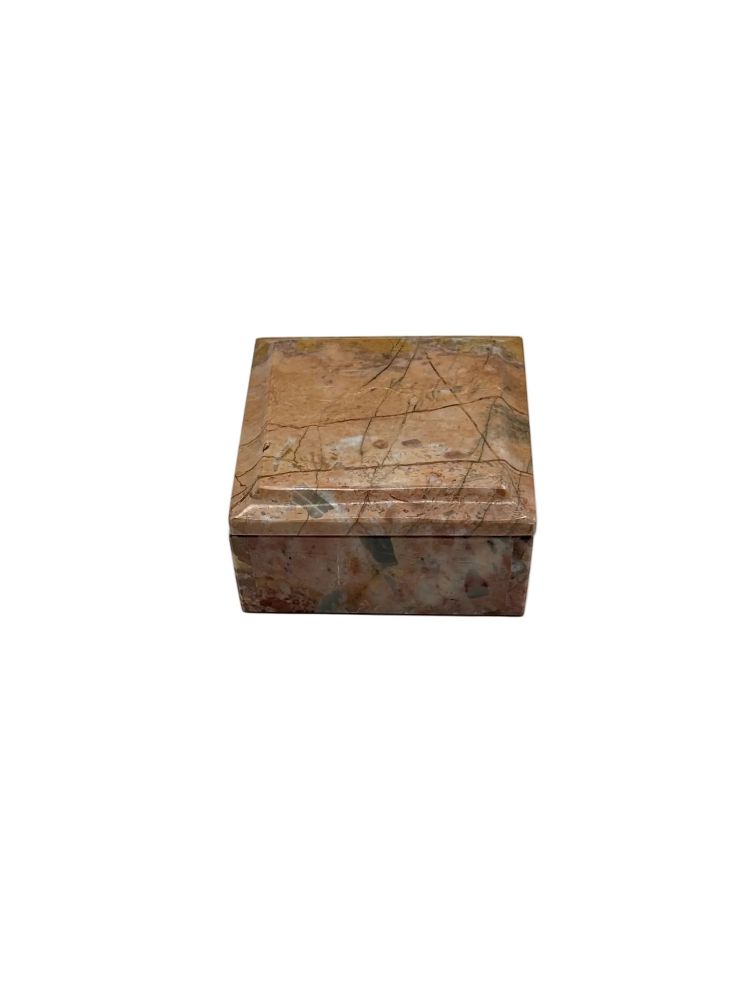 Rose marble lidded box, angled view of tan and pink veined stone