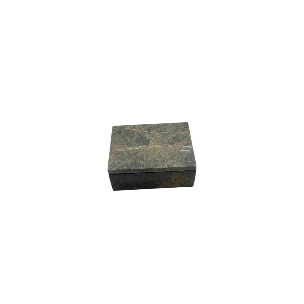 Mid-century gray stone lidded box, angled top view