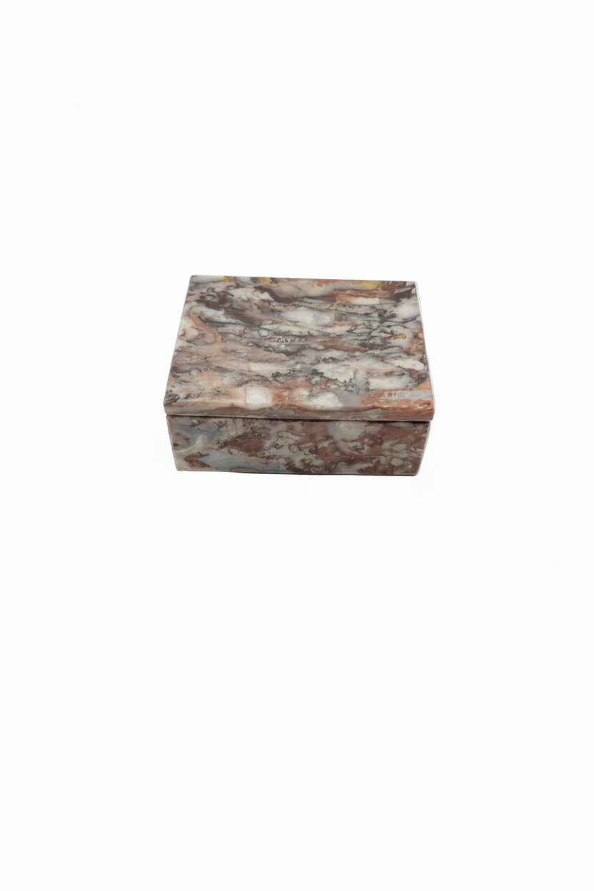 Mid-century rust multi marble lidded box, top view of fossil-patterned stone