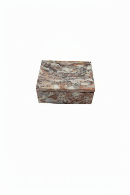 Mid-century rust multi marble lidded box, top view of fossil-patterned stone