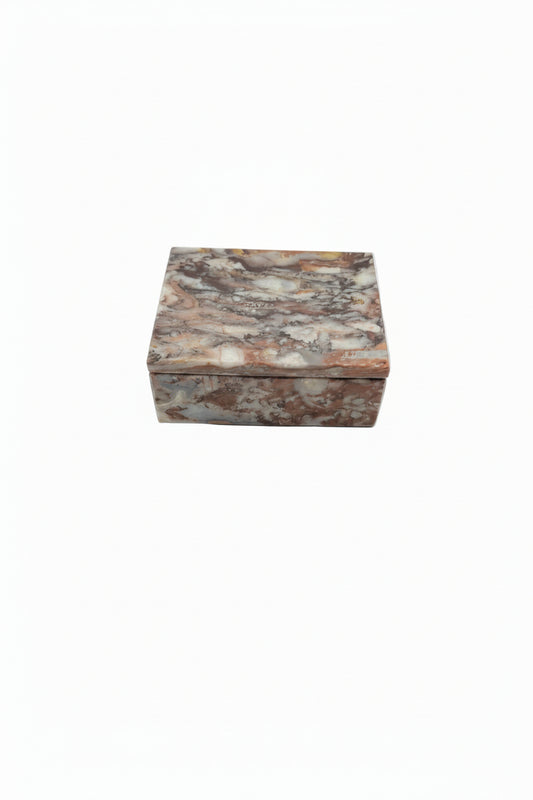 Mid-century rust multi marble lidded box, top view of fossil-patterned stone