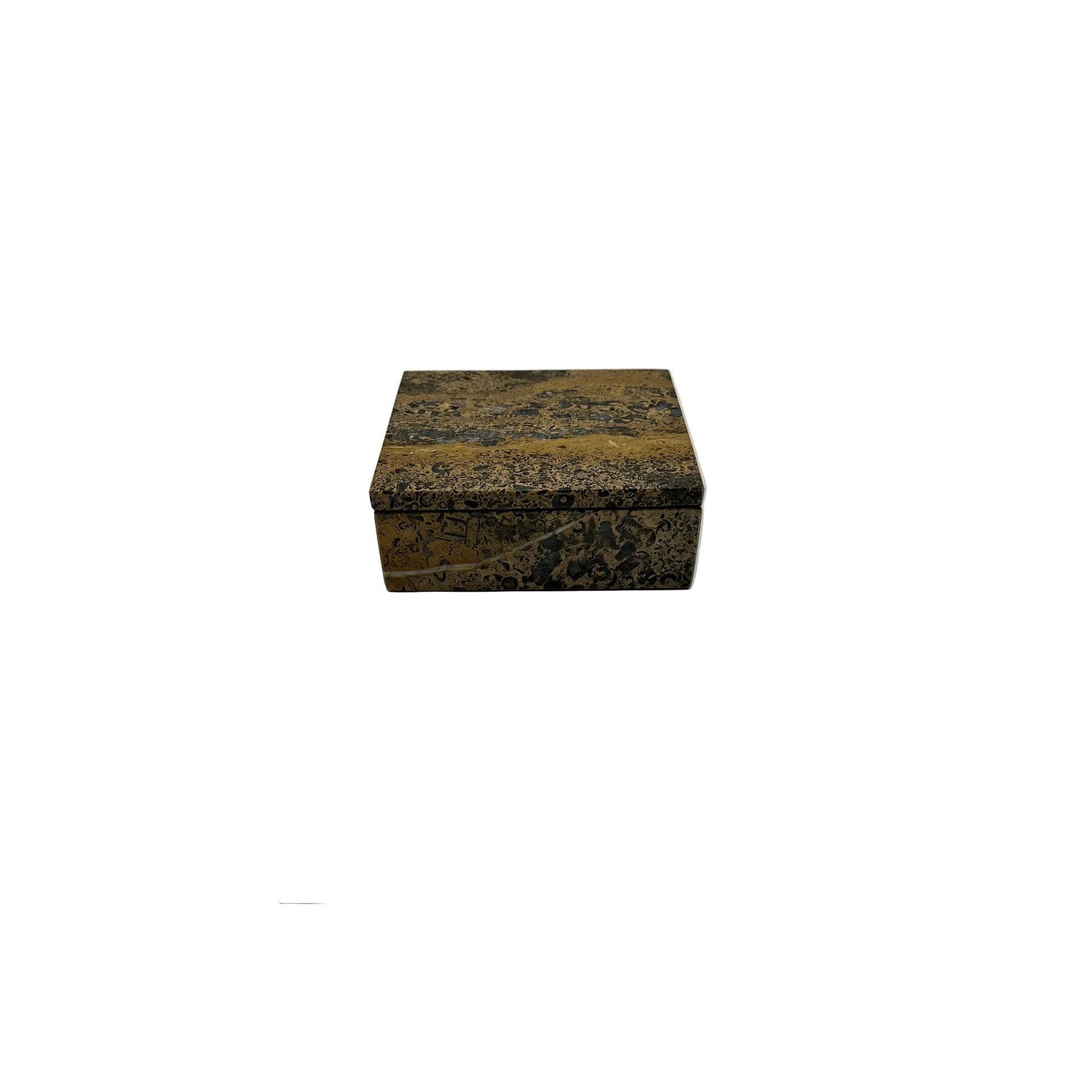 Mid-century brown and black patterned stone lidded box, angled top view
