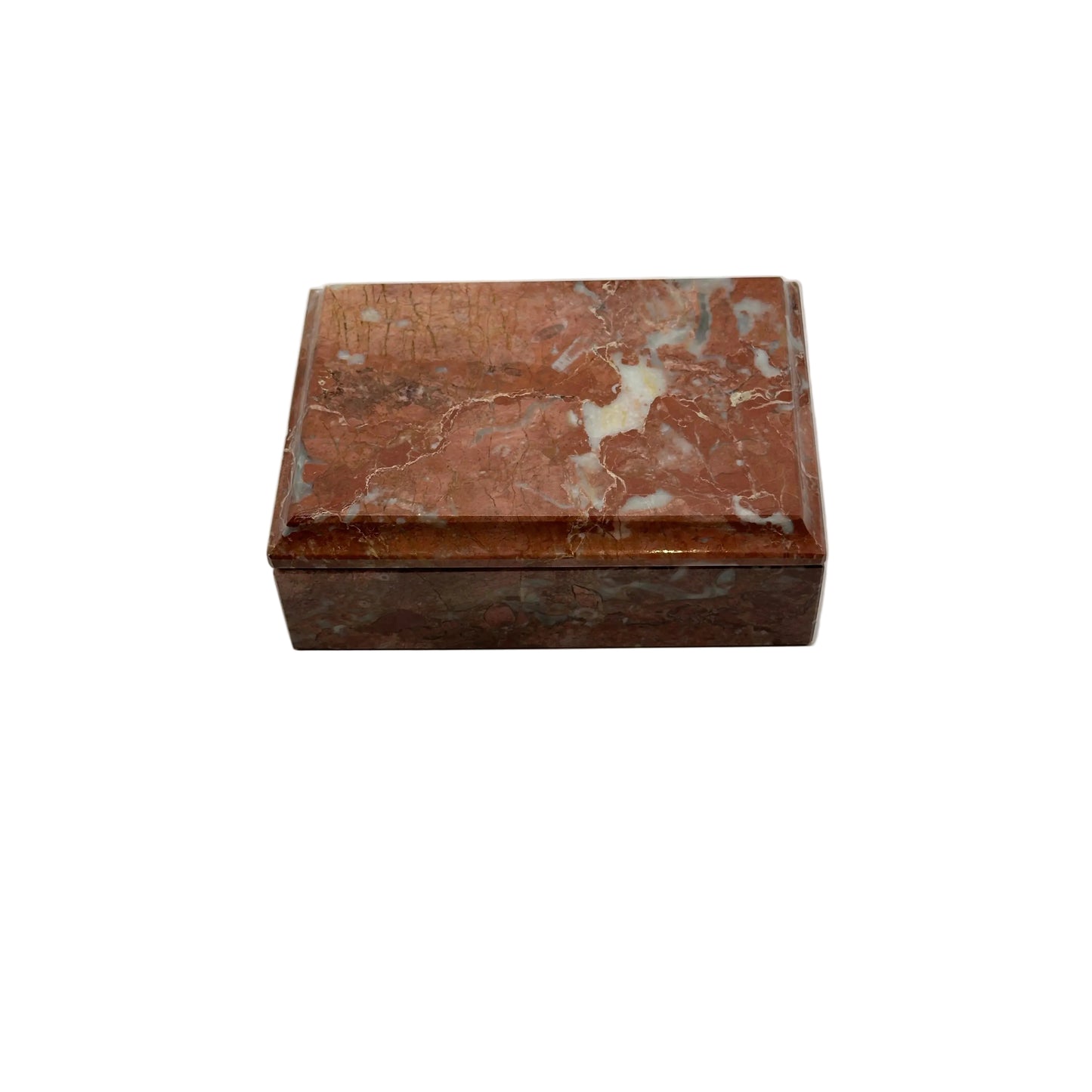 Reddish rust marble lidded box, front view of veined polished stone