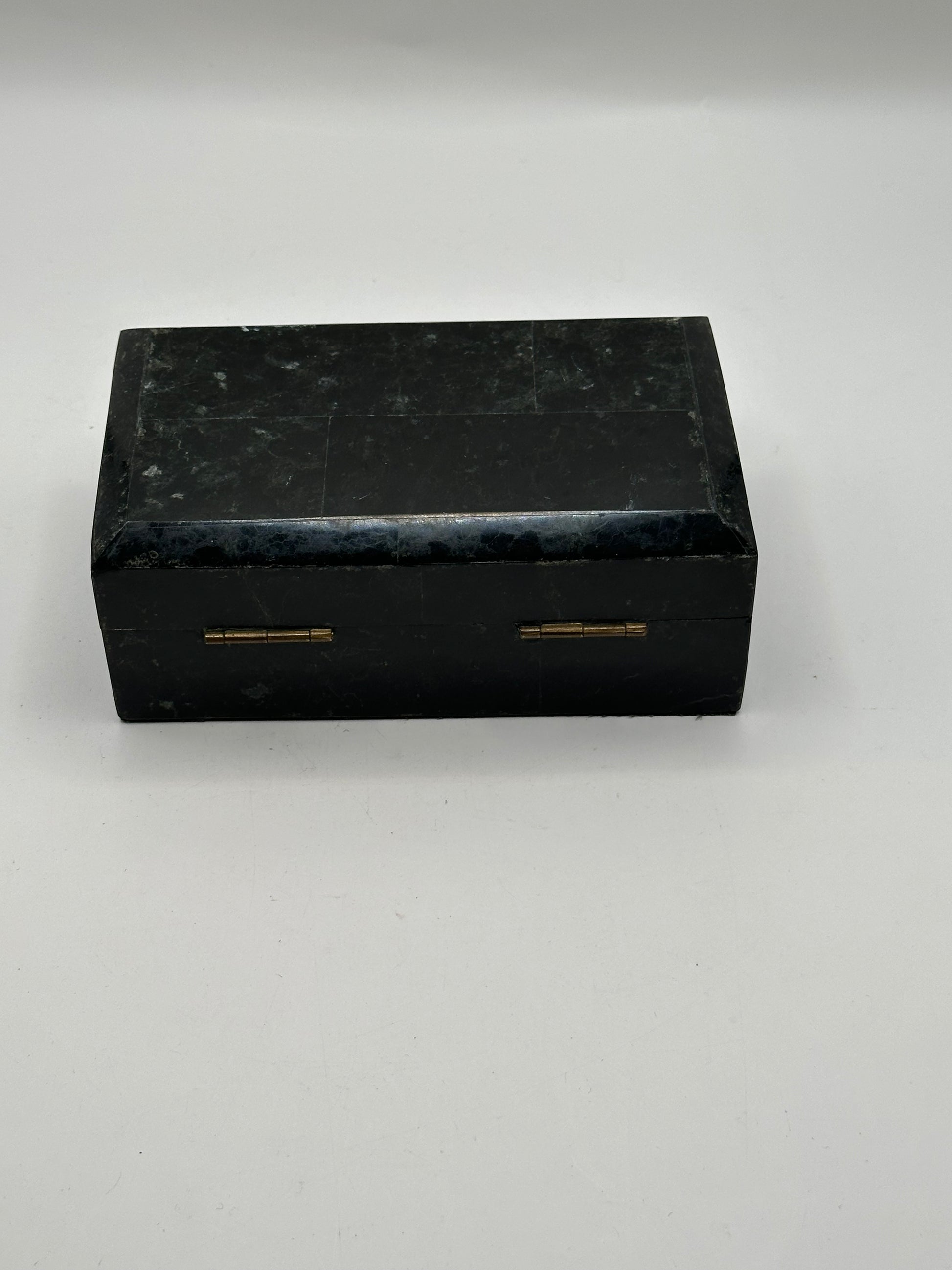 Closed black tessellated hinged box with brass hinges, front view