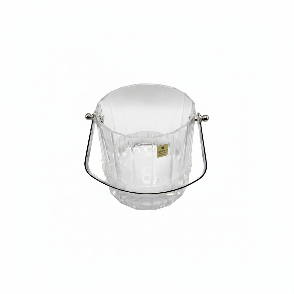 MCM faceted crystal ice bucket with silver swing handle, front view