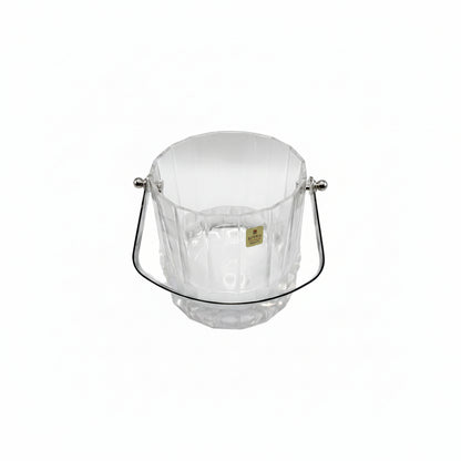 MCM faceted crystal ice bucket with silver swing handle, front view