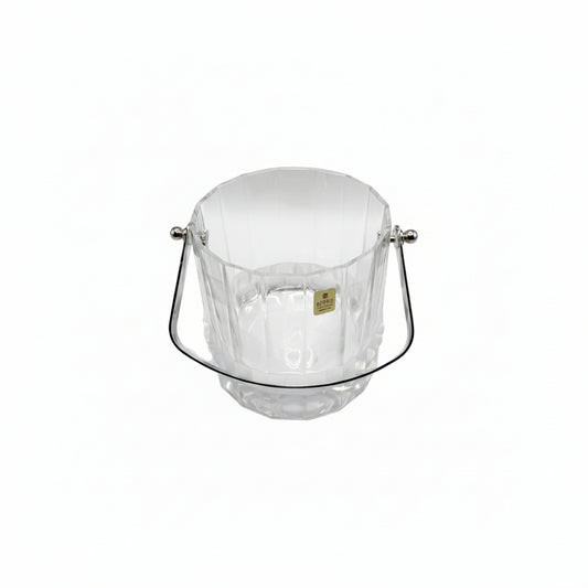 MCM faceted crystal ice bucket with silver swing handle, front view