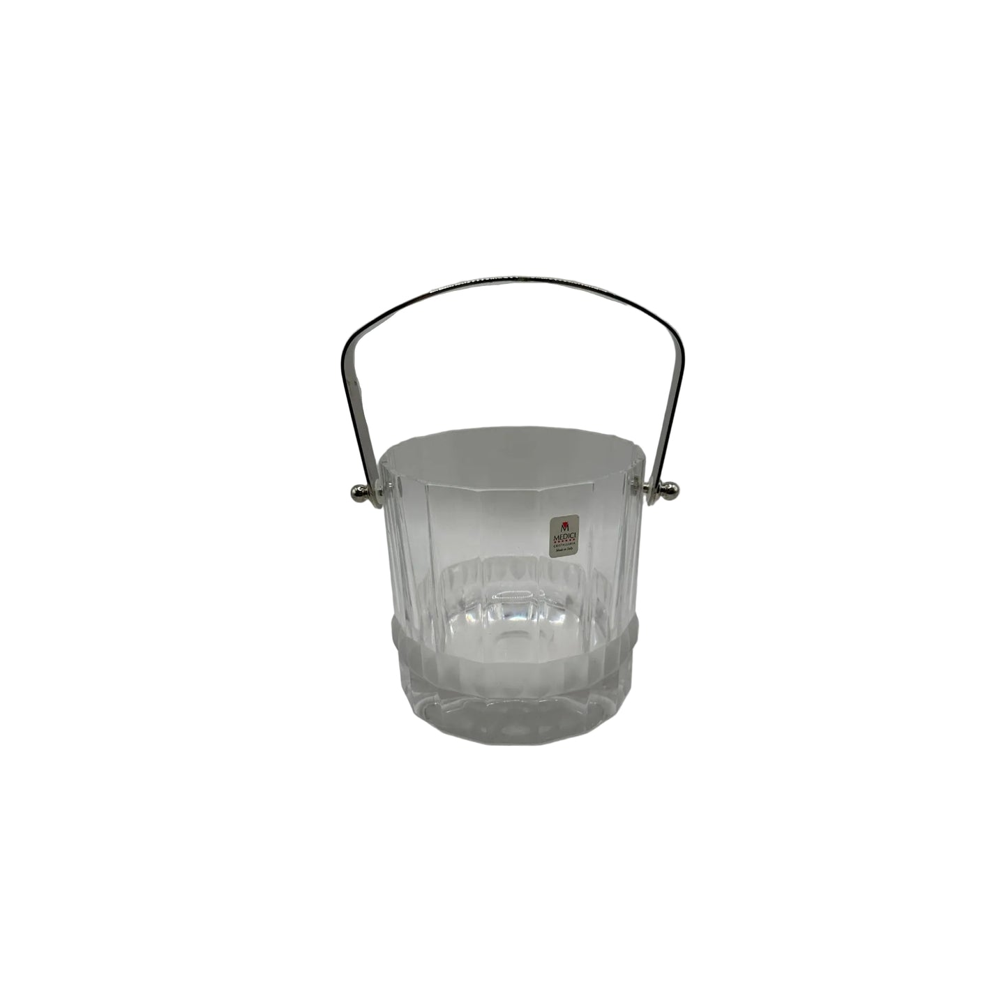 MCM crystal ice bucket with silver swing handle raised over the top, front view