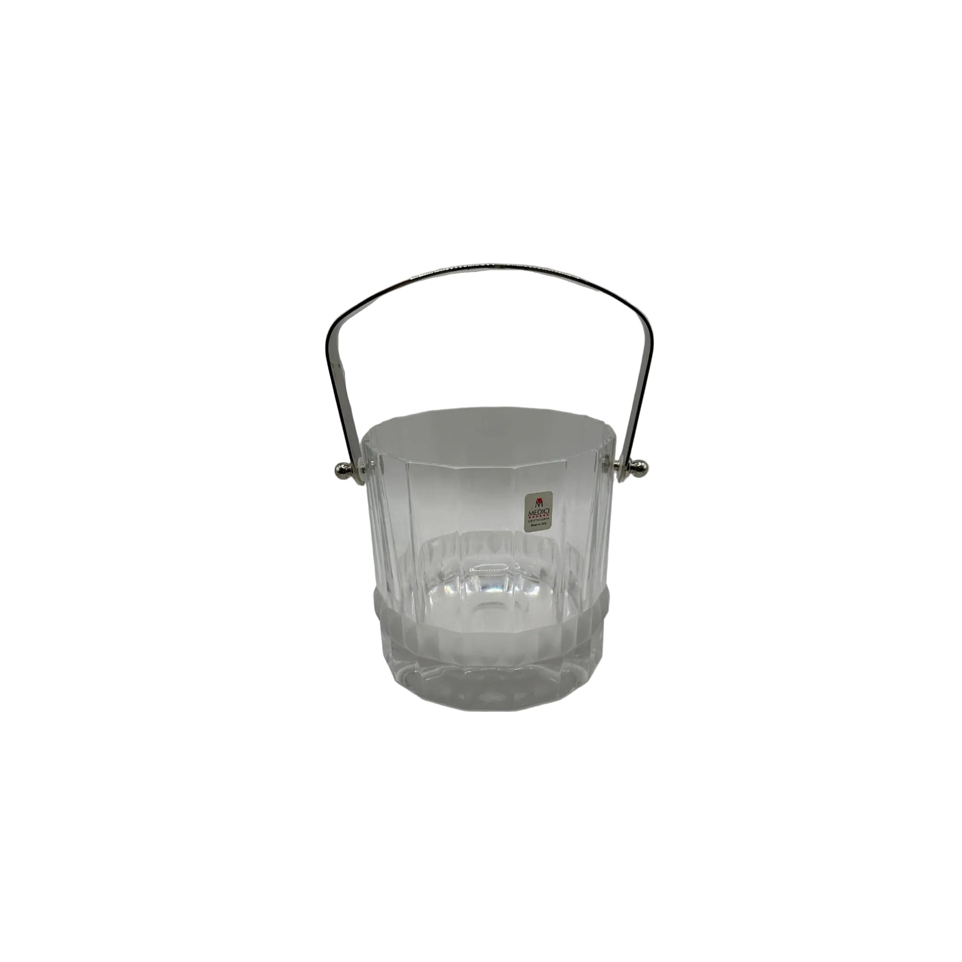 MCM crystal ice bucket with silver swing handle raised over the top, front view