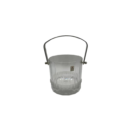 MCM crystal ice bucket with silver swing handle raised over the top, front view