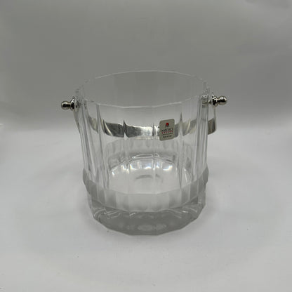 MCM crystal ice bucket, front view with handle raised and Medici Crystal Made in Italy label