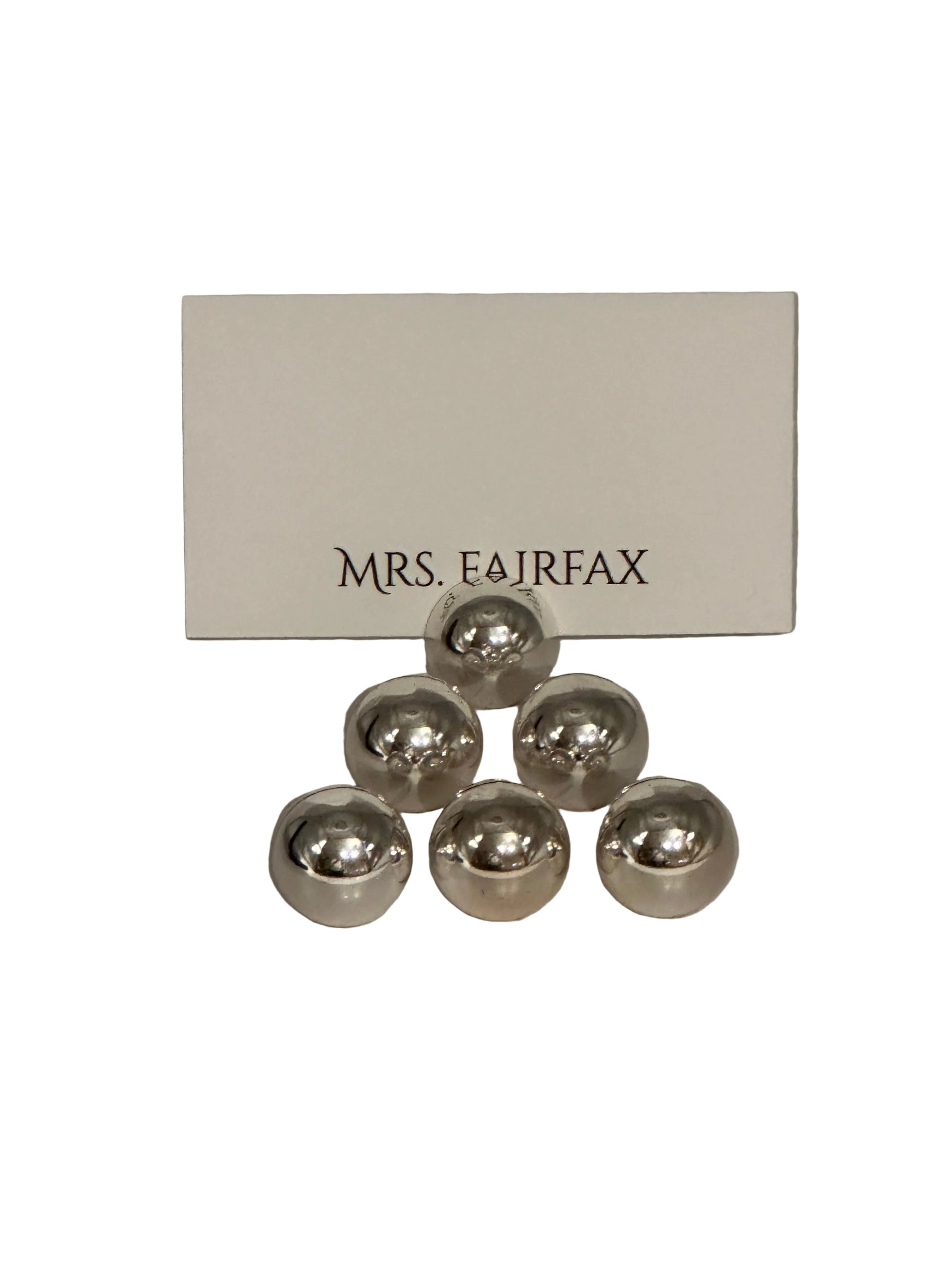 MCM stainless steel spherical place card holders, six polished spheres with one holding a place card