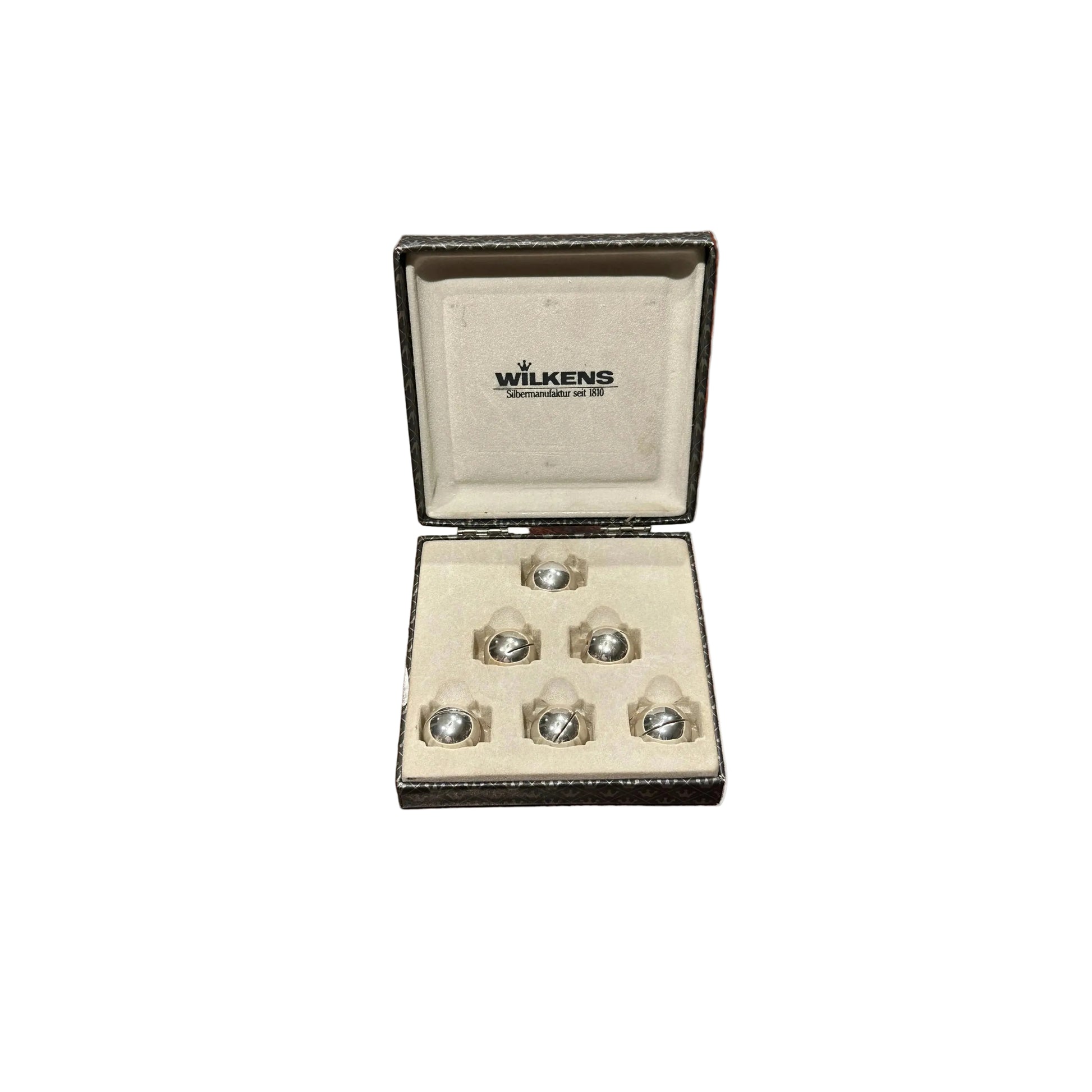MCM stainless steel spherical place card holders, set of 6, in a Wilkens presentation box