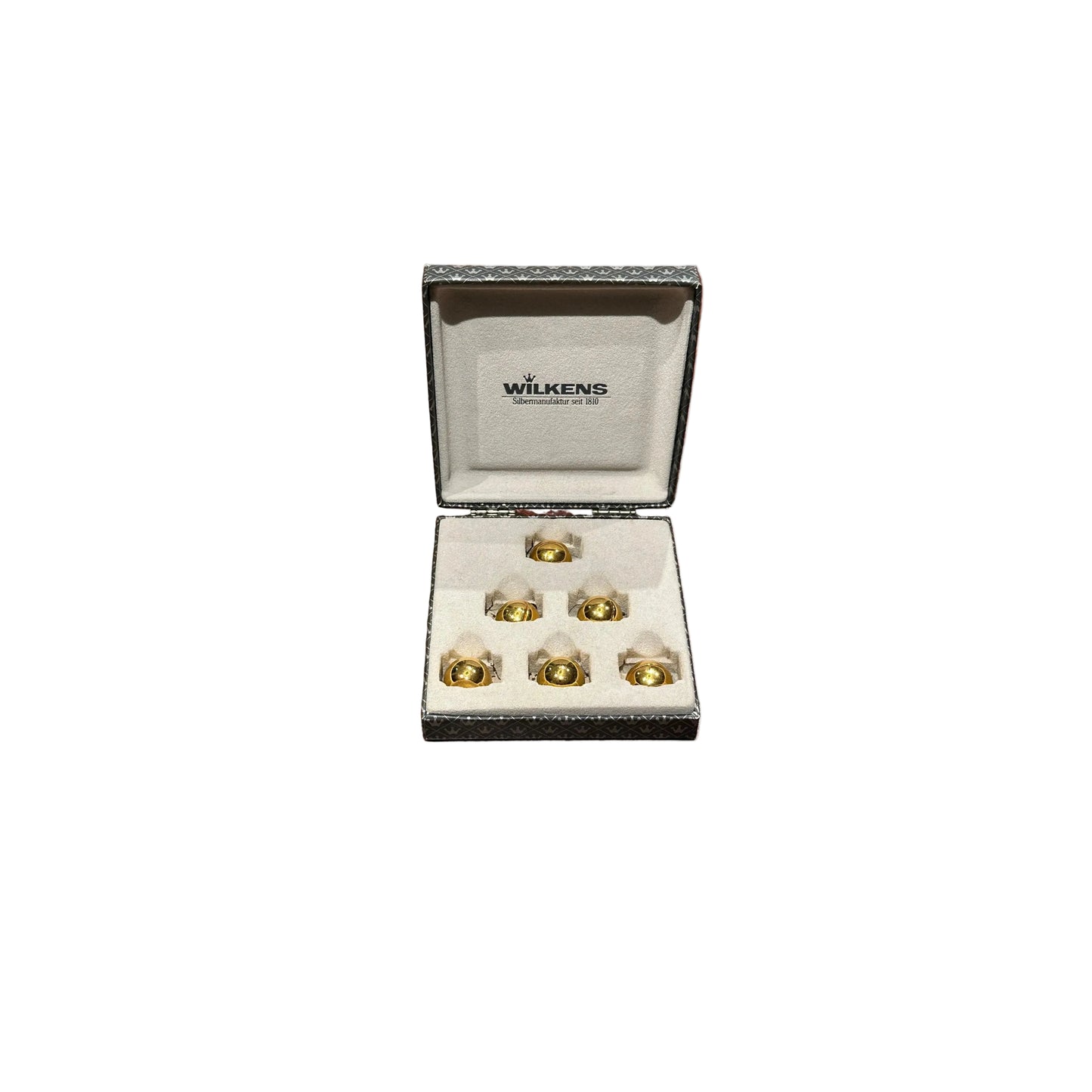 MCM brass spherical place card holders, set of 6, in a Wilkens presentation box
