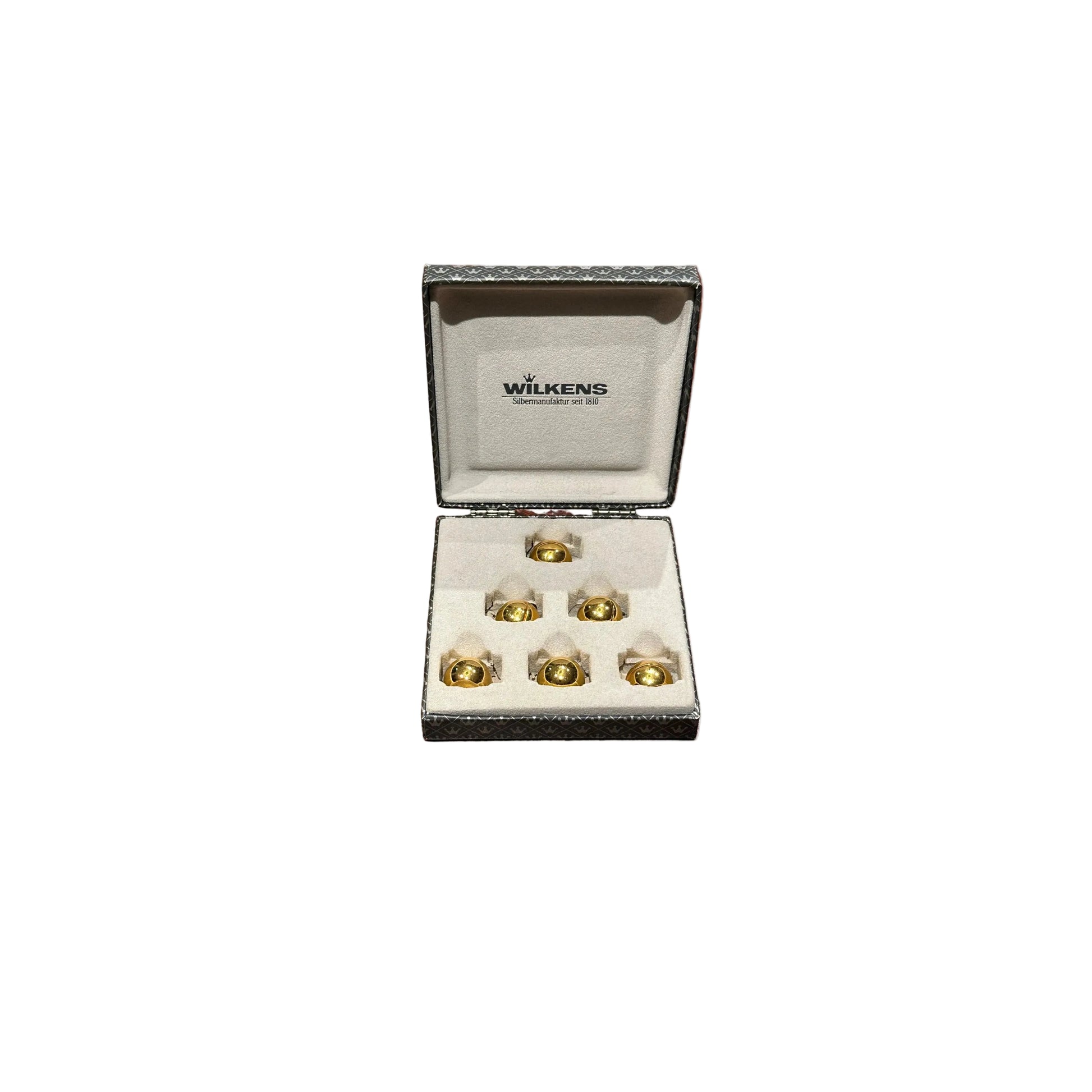 MCM brass spherical place card holders, set of 6, in a Wilkens presentation box