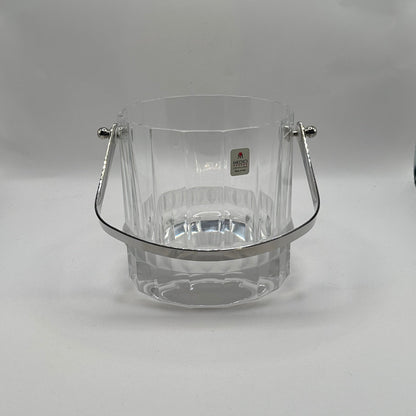 MCM crystal ice bucket, front view with handle lowered and gold Medici Crystal label