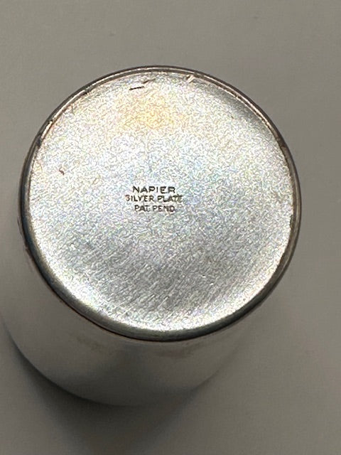 Open Napier silver plate shaker beside its domed rooster cap