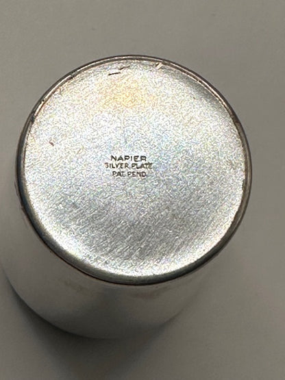 Open Napier silver plate shaker beside its domed rooster cap