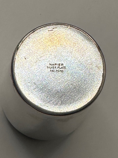Base of Napier silver plate shaker showing 'Napier Silver Plate Pat. Pend.' maker's mark