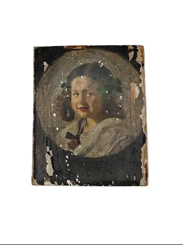 Antique oil portrait on board of a young girl by Walther Firle, oval composition with visible paint loss